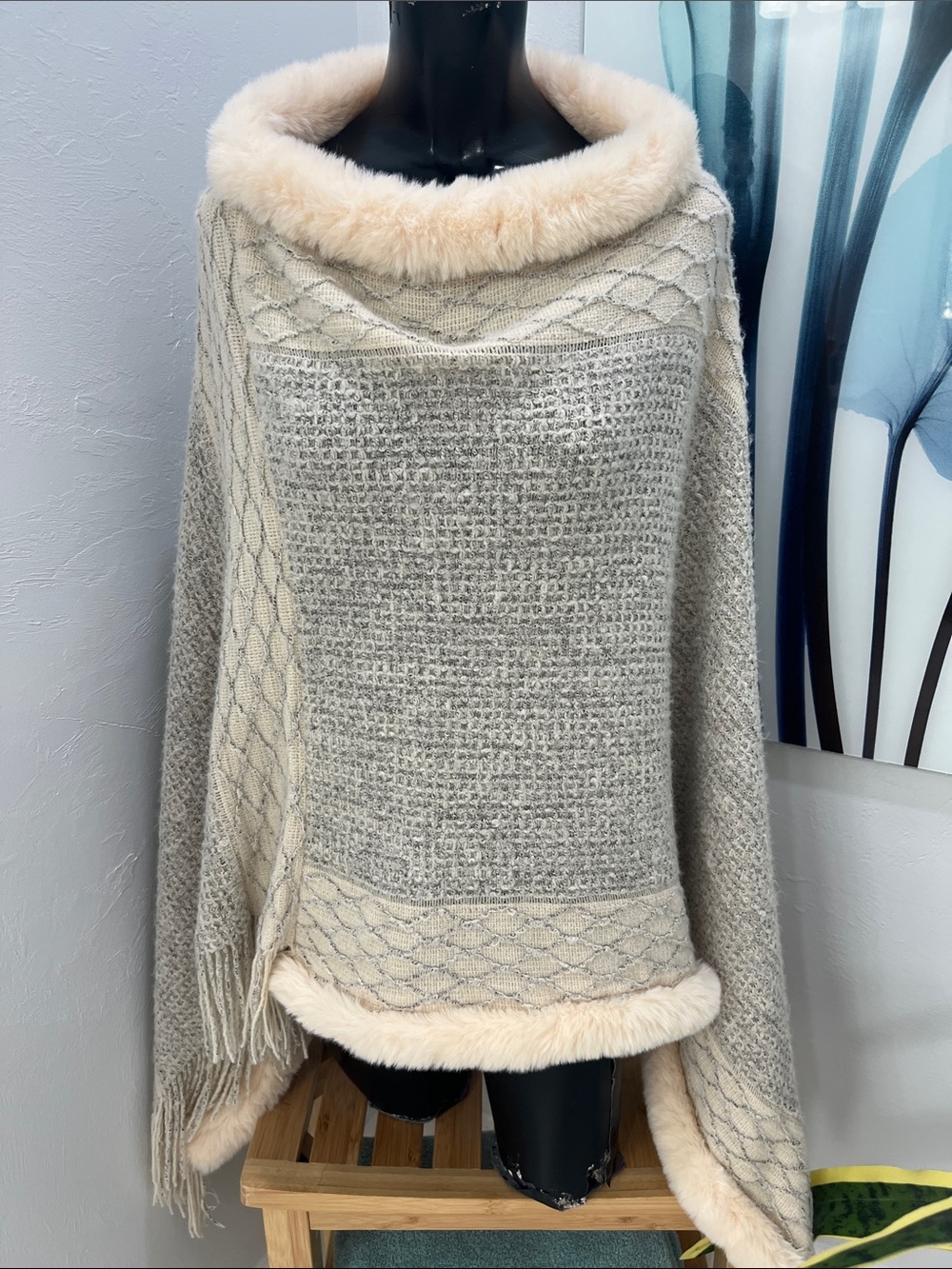 Cozy Cream and Gray Faux-Fur Trim Knit Poncho Sweater 100% Acrylic